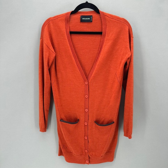 Zadig & Voltaire Sweaters - ZADIG & VOLTAIRE Cardigan Orange‎ Knit Cashmere Blend Leather Trim Womens M